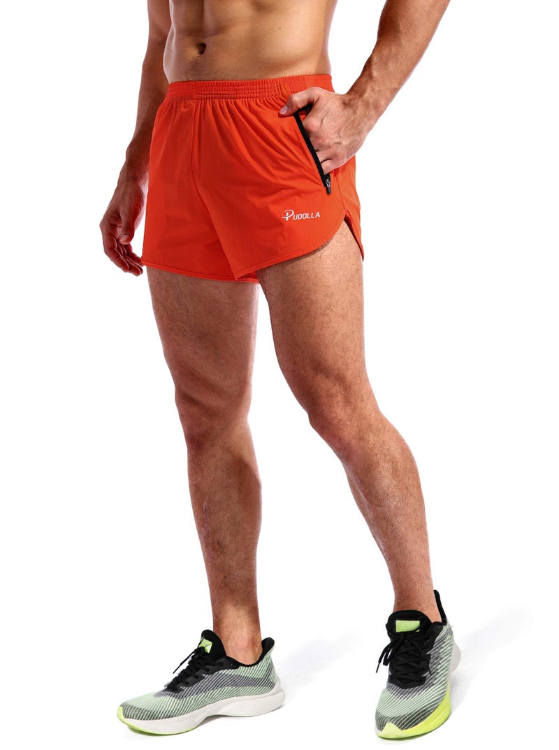 Pudolla Menâ€™s Running Shorts 3 Inch Quick Dry Gym Athletic Workout Shorts for Men with Zipper Pockets(Orange Red Medium) - Image 3